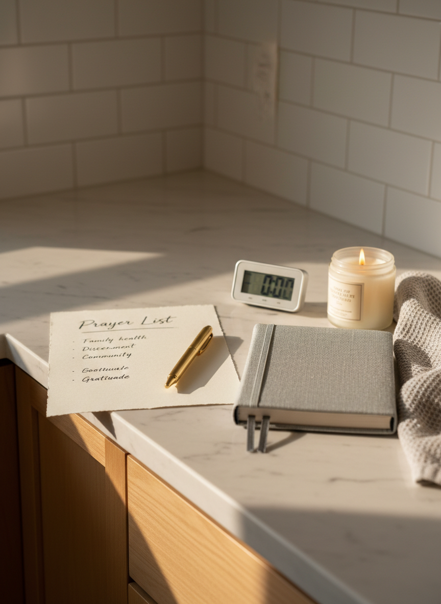 A tidy kitchen corner featuring a pale marble countertop with a handwritten prayer list on thick, cream-colored stationery, a closed planner with a linen-textured cover, and a brass pen resting diagonally across the page. Nearby, a digital timer sits paused beside a neatly folded dish towel and a small, flickering soy candle in a frosted glass jar. Late-afternoon sunlight filters through a nearby window, creating delicate reflections on the marble and gentle shadows from the pen and candle. Shot from a slightly elevated angle in photographic realism, with crisp focus on the written words and a softly blurred backsplash and cabinets behind. The atmosphere feels calm, intentional, and gently disciplined, capturing the idea of offering God brief, focused minutes amid household tasks.