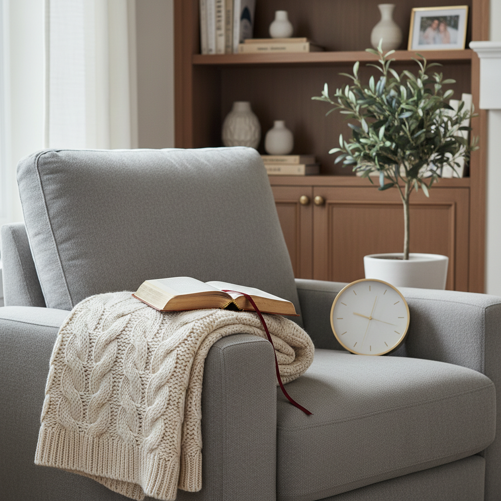 A cozy living room scene centered on a plush, dove-gray armchair draped with a neatly folded, knitted cream throw. On the armrest rests an open devotional book with gilded page edges, a slim ribbon bookmark trailing over the side. On a nearby side table, a minimalist analog clock with gold hands shows an early morning time beside a small, potted olive tree in a matte white pot. Soft, diffused light from an unseen window bathes the scene in a gentle glow, creating subtle shadows in the knit texture. Photographic realism at a three-quarter angle, with a shallow depth of field that softly blurs built-in shelves in the background. The mood is peaceful, sophisticated, and quietly expectant, suggesting an unhurried, sacred reading moment.